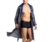 UUNBS Bata Seda Satinada para Hombre Bata Tipo Kimono Seda Estampada Prenda Ligera y Suave para Estar en casa Ropa Dormir para SPA,Azul,L