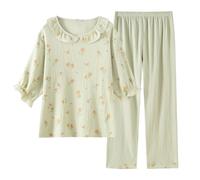 UUNBS Conjuntos de Pijama de Gasa de algodón para Mujer Pijama de Cuello Redondo con Estampado de Volantes Ropa de Estar por casa Japonesa de 2 Piezas de Muselina Suave,Verde,XL