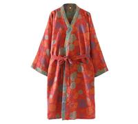 UUNBS Kimono japonés para Mujer Bata de Gasa Jacquard 100% algodón Yukata Ligera para Sauna Ropa de Estar en casa,Red b,L