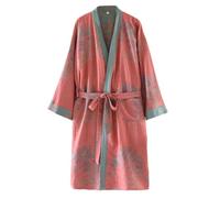 UUNBS Kimono japonés para Mujer Bata de Gasa Jacquard 100% algodón Yukata Ligera para Sauna Ropa de Estar en casa,Pink c,XL