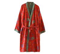 UUNBS Kimono japonés para Mujer Bata de Gasa Jacquard 100% algodón Yukata Ligera para Sauna Ropa de Estar en casa,Rojo,XL