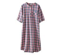 UUNBS Vestido de Pijama a Cuadros de Manga Corta de Verano para Mujer: algodón Peinado, Ropa de Dormir Holgada y camisón,Pink Gray,M