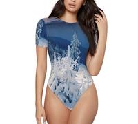 Uusnwaa Camiseta de manga corta con cuello redondo para mujer, ajuste delgado, básico, puesta de sol, invierno, montañas, mameluco, elástico, para verano, Negro, L