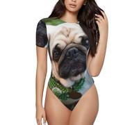 Uusnwaa Camiseta de manga corta con cuello redondo para mujer, ajuste delgado, camiseta básica con estampado de Pugs In The Garden, traje elástico de verano, Negro, S