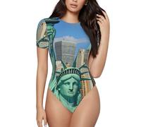 Uusnwaa Camiseta de manga corta con cuello redondo para mujer, corte ajustado, camiseta básica con estampado de la Estatua de la Libertad en Nueva York, trajes elásticos de verano, Negro, L