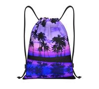Uusnwaa Mochila con cordón y estampado de palmeras moradas y puesta de sol, resistente al agua, para gimnasio, compras, deportes, yoga, Black, S, Mochilas de viaje