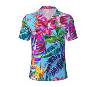 Uusnwaa Polo de manga corta con estampado de plantas tropicales y flores rosas para hombre, camisa de golf de moda, camisas de verano que absorben la humedad, Negro, XL