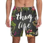 Uusnwaa Thug Life - Traje de baño para hombre con estampado de flores y forro de compresión, traje de baño de secado rápido con bolsillos, pantalones cortos de playa, Negro, M