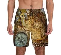 Uusnwaa Traje de baño para hombre con estampado de brújula y mapa del mundo antiguo con forro de compresión, traje de baño de secado rápido con bolsillos, pantalones cortos de playa, Negro, 3XL