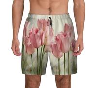 Uusnwaa Traje de baño para hombre con estampado de tulipanes rosas con forro de compresión, traje de baño de secado rápido con bolsillos, pantalones cortos de playa, Negro, L
