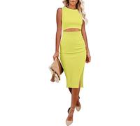 Uusollecy Vestido de Verano para Mujer, Vestido con Abertura Bodycon Elegante, sin Mangas, Cuello Redondo, Largo hasta la Rodilla, Monocolor, A-Amarillo, XL