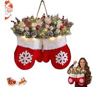Uuxkgu Corona De Navidad con Luz con Guantes Forma,Corona De Adviento con Luz con Bayas Rojas Piñas Ramas, Sparkling Christmas Wreath with 120 LED Lights & 10h Car Timer, para Puerta Delantera-A