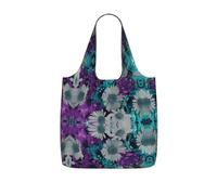 UVBDF Bolsa de comestibles reutilizable con estampado de flores moradas y verde azulado, 25 L, poliéster, lavable, para viajes, vacaciones