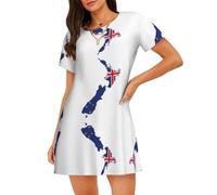 UVBDF Camisón de manga corta para mujer, diseño de mapa de la bandera de Nueva Zelanda, vestido de pijama holgado con cuello redondo, Negro, XL