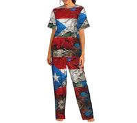 UVBDF Conjunto de pijama de cuello redondo con bandera de Puerto Rico para mujer, ropa de dormir suave con pantalones de cintura elástica para todas las ocasiones, Negro, S