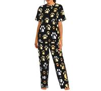 UVBDF Conjunto de pijama de cuello redondo con estampado de huellas de perro, ropa de dormir suave con pantalones de cintura elástica para todas las ocasiones, Negro, L