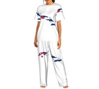 UVBDF Conjunto de pijama de cuello redondo con mapa de la bandera cubana para mujer, ropa de dormir suave con pantalones de cintura elástica para todas las ocasiones, Negro, L
