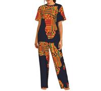 UVBDF Conjunto de pijama de cuello redondo para mujer con estampado textil africano, ropa de dormir suave con pantalones de cintura elástica para todas las ocasiones, Negro, S