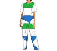 UVBDF Conjunto de pijama de cuello redondo para mujer, diseño de mapa de la bandera de Sierra Leona, ropa de dormir suave con pantalones elásticos para todas las ocasiones, Negro, S