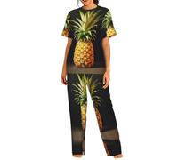 UVBDF Conjunto de pijama de cuello redondo para mujer, diseño de piña, ropa de dormir suave con pantalones de cintura elástica para todas las ocasiones, Negro, L