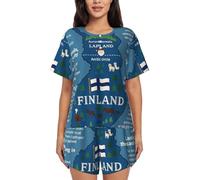 UVBDF Conjunto de pijama de verano de 2 piezas para mujer, diseño de mapa de Finlandia con varias hazañas, ropa de descanso de manga corta, suave, ligero, con bolsillos para el descanso diario, Negro