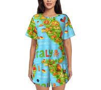 UVBDF Conjunto de pijama de verano para mujer, diseño de mapa de Italia con iconos de comida, 2 piezas, ropa de descanso de manga corta, suave, ligero, con bolsillos para el descanso diario, Negro