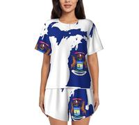 UVBDF Conjunto de pijama de verano para mujer, diseño de mapa de la bandera del estado de Michigan, 2 piezas, ropa de descanso de manga corta, suave y ligero, con bolsillos para el descanso diario