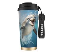 UVBDF Divertida taza de café con diseño de delfín, de acero inoxidable, tapa de fugas, taza térmica para café helado, bebidas calientes