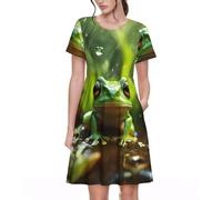 UVBDF Frog and Rain Spring - Vestido acampanado para mujer, vestido de manga corta estampado con bolsillos, cintura elástica, falda cómoda para el día a día, Negro, 3XL