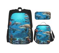 UVBDF Juego de 3 mochilas escolares con diseño de delfines, tiburones, arrecifes de coral, para viajes, estudio, lonchera y bolsa para lápices, Black, Talla única, Juego de mochila escolar