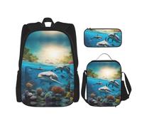 UVBDF Juego de 3 mochilas escolares con diseño de delfines, tortugas marinas, tiburones, pulpos, corales, para viajes, estudio, lonchera y bolsa para lápices, Black, Talla única, Juego de mochila