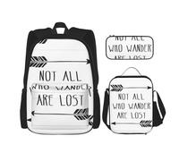 UVBDF Juego de 3 mochilas escolares con texto en inglés "Not All Who Wander are Lost" para viajes, estudio, lonchera y bolsa para lápices, Black, Talla única, Juego de mochila escolar