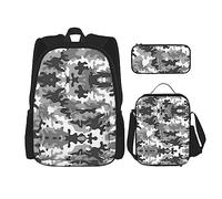 UVBDF Juego de 3 mochilas escolares de camuflaje digital para viajes, mochila de estudio, lonchera y bolsa para lápices, Black, Talla única, Juego de mochila escolar