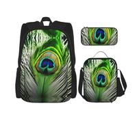 UVBDF Juego de 3 mochilas escolares de plumas de pavo real verde para viajes, mochila de estudio, lonchera y bolsa para lápices, Black, Talla única, Juego de mochila escolar