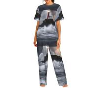 UVBDF Lighthouse In Storm - Conjunto de pijama de cuello redondo para mujer, ropa de dormir suave con pantalones de cintura elástica para todas las ocasiones, Negro, XXL