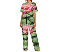 UVBDF Lotus Flower - Conjunto de pijama de cuello redondo para mujer, ropa de dormir suave con pantalones de cintura elástica para todas las ocasiones, Negro, S