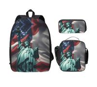 UVBDF Mochila con diseño de la bandera de la Estatua de la Libertad con fiambrera, bolsa para lápices para aventuras de fin de semana, Black, Talla única, Organizador de bolsas