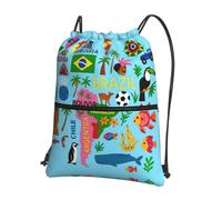UVBDF Mochila ligera con estampado de mapa de América del Sur con iconos y cremallera con cordón, compartimento ajustable para excursiones a pie por la playa, Black, One Size, Mochilas daypack