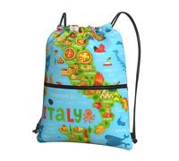 UVBDF Mochila ligera con estampado de mapa de Italia con iconos de comida, cremallera con cordón, compartimento ajustable para excursiones a pie por la playa, Black, One Size, Mochilas daypack