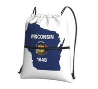UVBDF Mochila ligera con estampado de mapa de la bandera del estado de Wisconsin con cremallera de cordón, compartimento ajustable para paseos por la playa, Black, One Size, Mochilas daypack