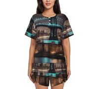 UVBDF New York Manhattan Bridge Night Summer - Conjunto de pijama de 2 piezas de manga corta para mujer, suave, ligero, con bolsillos para descansar a diario, Negro, S