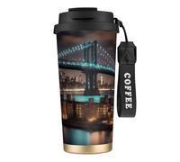 UVBDF New York Manhattan Bridge - Taza de café nocturna de viaje en acero inoxidable, tapa de fugas, taza térmica para café helado, bebidas calientes