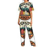 UVBDF Norway Bergen Houses - Conjunto de pijama de cuello redondo para mujer, ropa de dormir suave con pantalones de cintura elástica para todas las ocasiones, Negro, 3XL