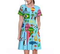 UVBDF South America Map with Icons Spring - Vestido acampanado para mujer, vestido de manga corta estampado con bolsillos, cintura elástica, falda cómoda para el día a día, Negro, 3XL