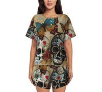UVBDF Sugar Skulls Butterfly - Conjunto de pijama de verano para mujer, 2 piezas, manga corta, suave, ligero, con bolsillos para descansar a diario, Negro, XXL