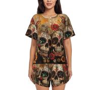 UVBDF Sugar Skulls Butterfly - Conjunto de pijama de verano para mujer, 2 piezas, manga corta, suave, ligero, con bolsillos para descansar a diario, Negro, 4XL