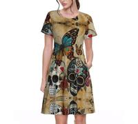 UVBDF Sugar Skulls Butterfly Spring - Vestido acampanado para mujer, vestido de manga corta estampado con bolsillos, cintura elástica, falda cómoda para el día a día, Negro, XL