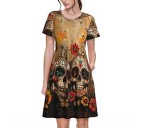 UVBDF Sugar Skulls Butterfly Spring - Vestido acampanado para mujer, vestido de manga corta estampado con bolsillos, cintura elástica, falda cómoda para el día a día, Negro, L