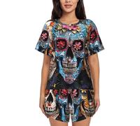 UVBDF Sugar Skulls - Conjunto de pijama de verano para mujer, 2 piezas, manga corta, suave, ligero, con bolsillos para descansar a diario, Negro, XXL