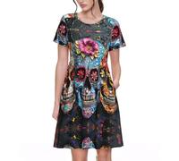 UVBDF Sugar Skulls Spring - Vestido acampanado para mujer, vestido de manga corta estampado con bolsillos, cintura elástica, falda cómoda para el día a día, Negro, M